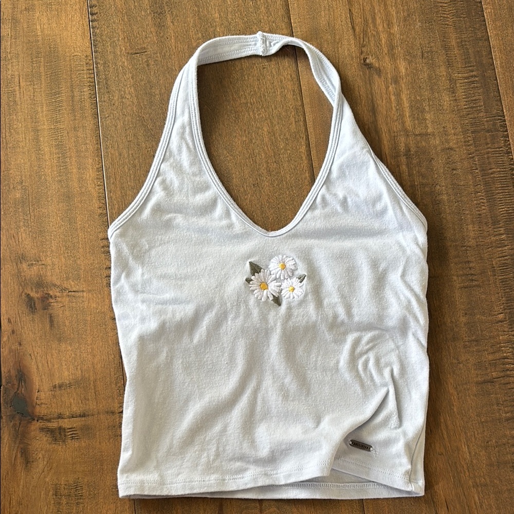 Hollister Baby Blue Halter Top with Flower Embroidery